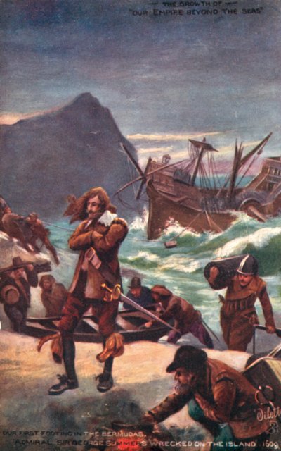 Ammiraglio Sir George Summers naufragato alle Bermuda, 1609 da English School